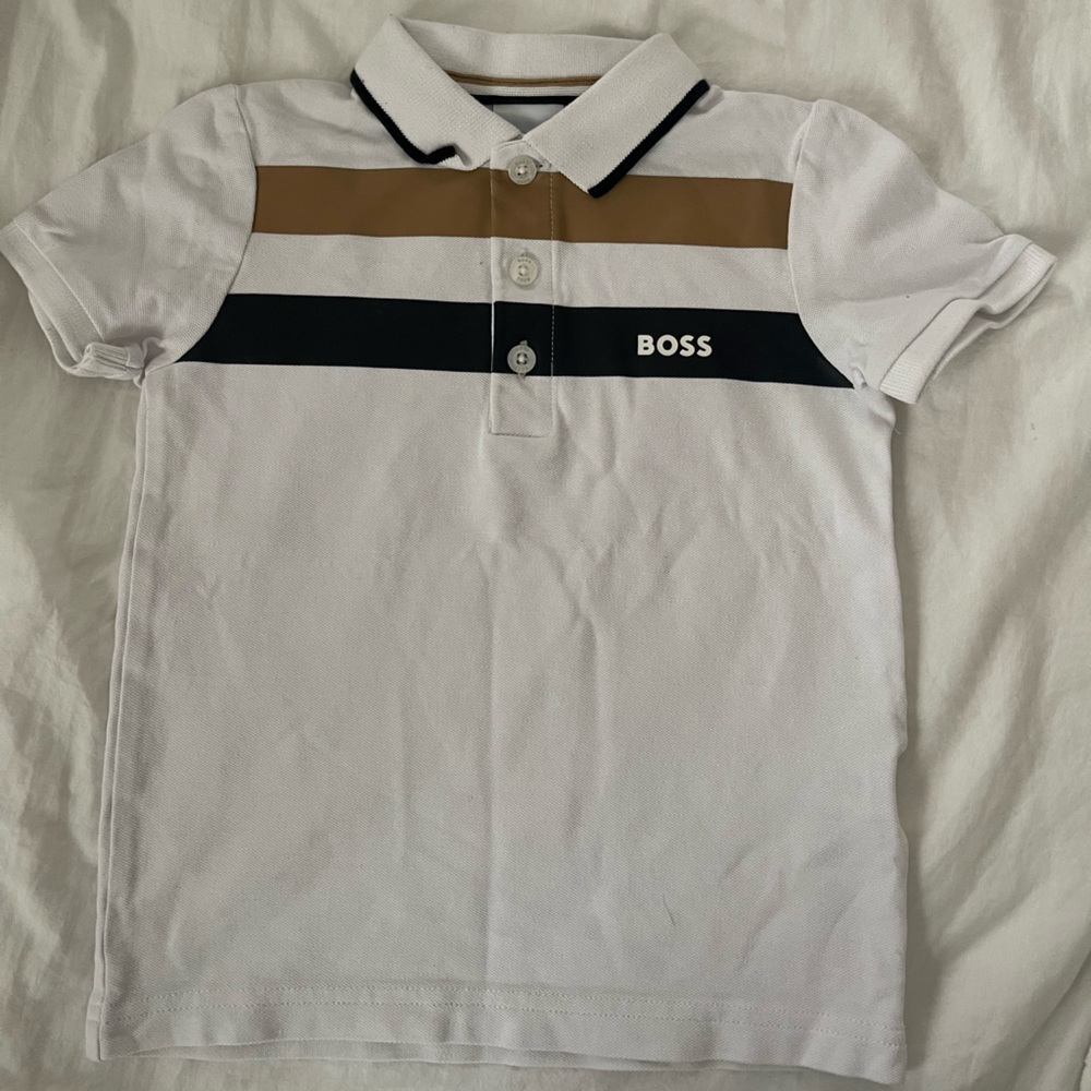 Kids Boss White Polo Shirt with Tan Accents